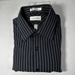 Van Heusen Mens Black & Gray Pinstripe Broadcloth Button-Up Shirt L Academia